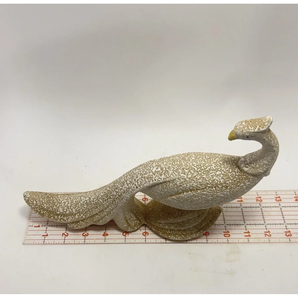 Vintage MCM China Craft Beige Splatter Textured Ceramic Peacock Bird 11.75